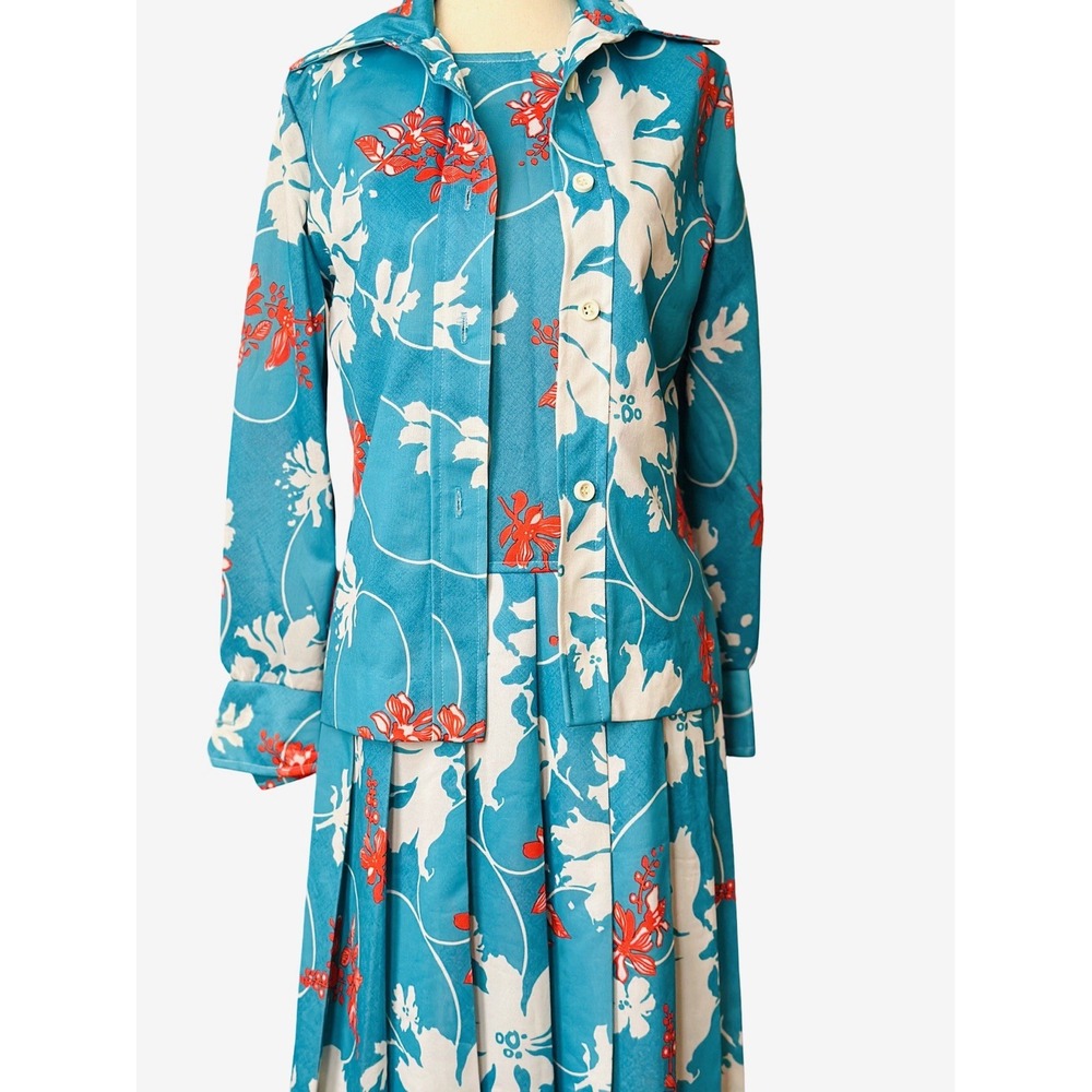 Vtg 70's Flower Power 2 pc Dress Set Womens Small Blue Floral Pleated Drop Waist